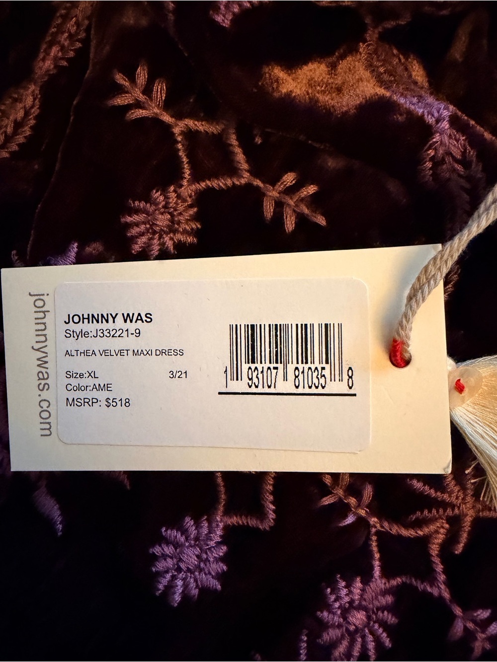 Johnny Was Plum Embroidered Velvet Maxi Dress - Picture 4 of 5